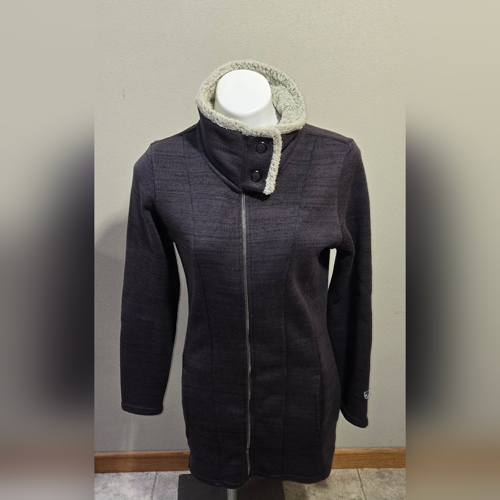 KUHL Alaska Long Knit Sweater Full Zip Jacket Heathered Gray Cream Sherpa Size S
